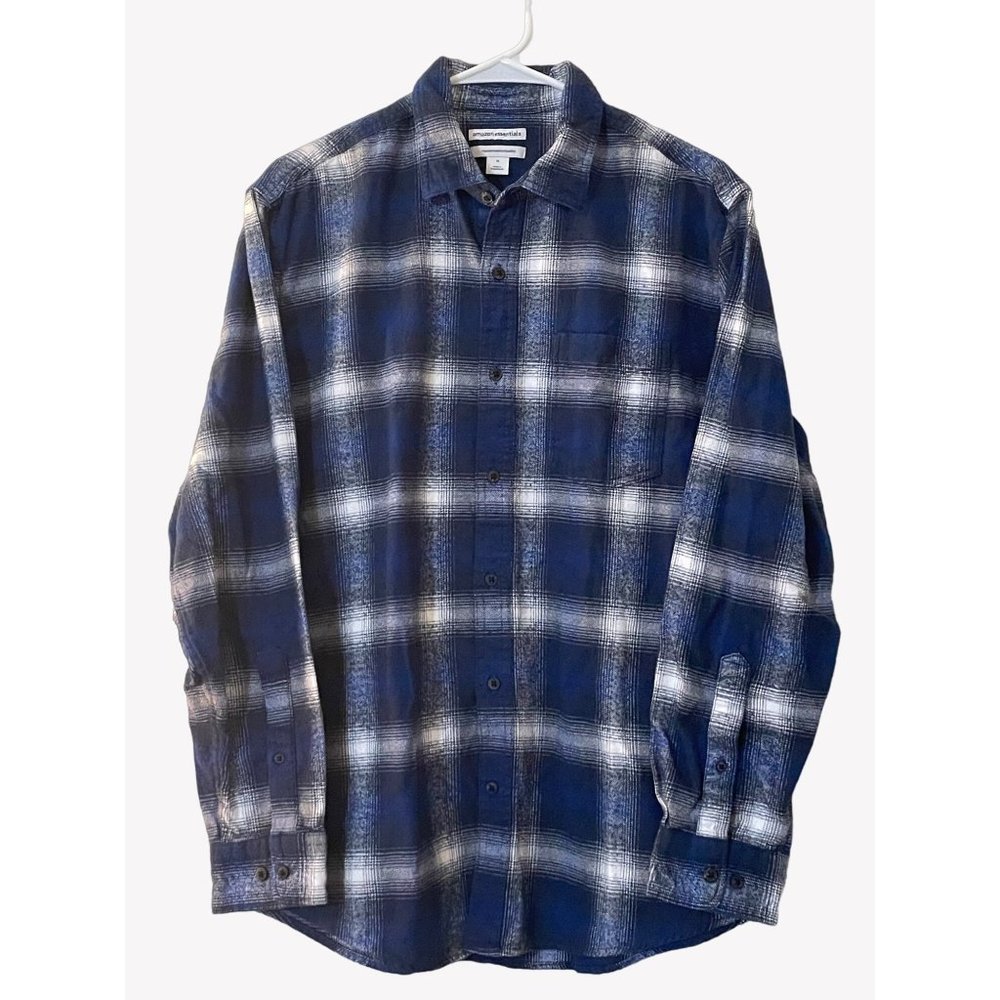 Mens Medium Blue White Plaid‎ Flannel Long Sleeve Shirt Checked